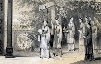 La emperatriz y sus asistentes procediendo al templo desde el bosque de moreras, 1847 de James William Giles