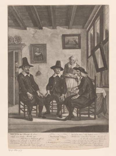 Tres hombres en consulta mientras una joven escucha en el marco de la puerta El Plan de Padres / o / Consulta Matrimonial (título sobre objeto) de James Wilson