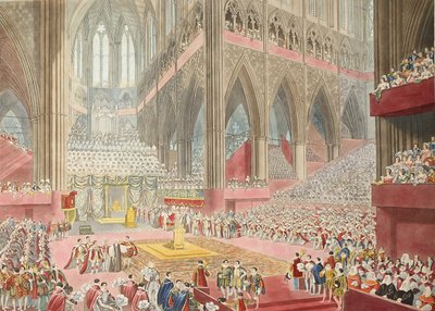 La coronación de Su Majestad, Jorge IV: tomada en el momento del reconocimiento, pub. 1822 (grabado coloreado a mano) de James after Stephanoff