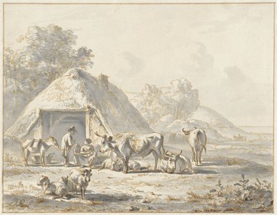 Ganado y figuras delante de un granero de James de Rijk