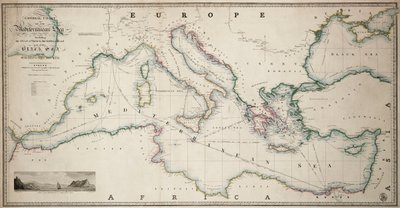 Carta general del mar Mediterráneo, incluido el golfo de Venecia, el archipiélago y parte del mar Negro, con las rutas de los barcos de vapor. de James the Younger Wyld