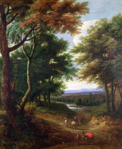 Paisaje boscoso con viajeros en un camino de Jan Baptist Huysmans