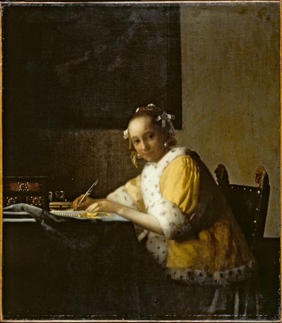 Una dama escribiendo ... (óleo sobre lienzo) de Jan (1632-75) Vermeer