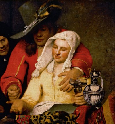Un hombre ofrece una moneda a una mujer tocando su pecho (detalle) de Johannes Vermeer