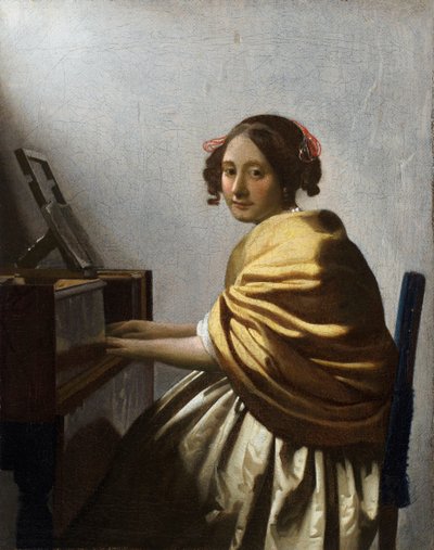 ""Mujer joven sentada ante un virginal"" (Una mujer joven sentada ante un virginal) Pintura de Jan Vermeer (Johannes) (1632-1675) hacia 1670 Dim 25,1x20 cm Colección privada de Johannes Vermeer