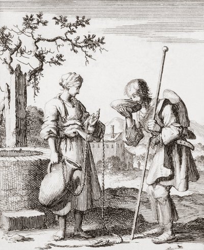 Una mujer da de beber a un peregrino de Jan (after) Luyken