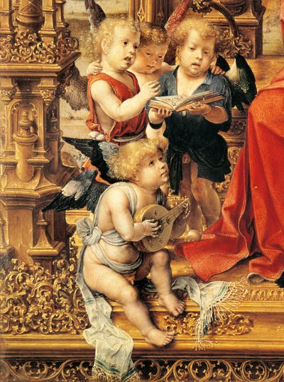 Ángeles tocando instrumentos musicales, detalle del panel central del tríptico de Malvern de Jan (c.1472 c.1533) Gossaert