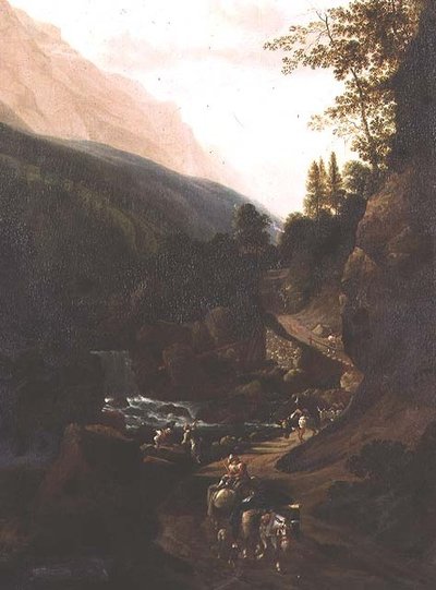Arrieros en un camino de montaña junto a un torrente de Jan (circle of) Hackaert