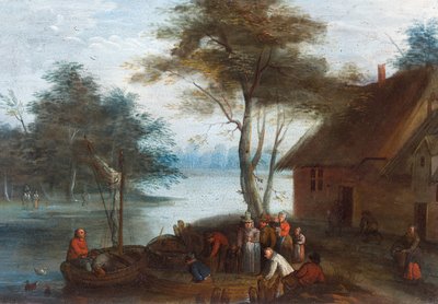 Paisaje fluvial con figuras junto a un edificio subiendo a botes de Jan (follower of) Brueghel