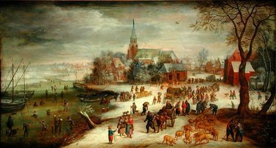 Una vista de Shelle y el río Escalda en invierno con un mercado y patinadores de Jan (follower of) Brueghel