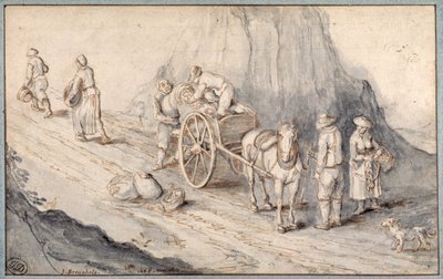 Campesinos cargando un carro de un solo caballo con vegetales de raíz de Jan (follower of) Brueghel