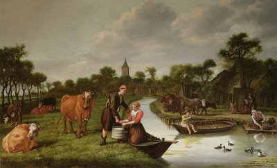 Paisaje fluvial con una pareja llevando un tarro de leche de Jan 1620 76 Victors