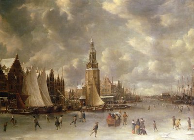 Paisaje invernal con el Montelbaanstoren, Amsterdam (óleo sobre lienzo) de Jan Abrahamsz. Beerstraaten