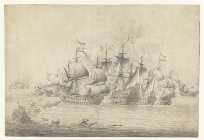 Una batalla naval, posiblemente en Lowestoft el 13 de junio de 1665 (página derecha) de Jan Abrahamsz. Beerstraten (possibly)