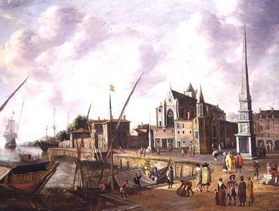 Escena de puerto mediterráneo con figuras elegantes en el muelle y barcos en el mar a lo lejos de Jan Abrahamsz. Beerstraten