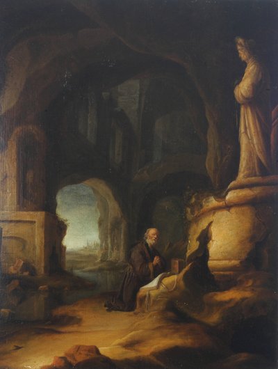 Un ermitaño en oración en una gruta con ruinas clásicas de Jan Adriansz van Staveren