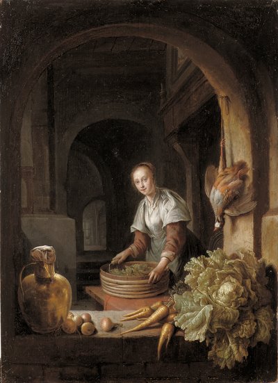 Una criada preparando verduras en una cocina de Jan Adriansz van Staveren