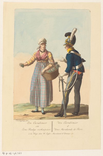 Soldado de caballería y vendedor de rábanos A Carabinier and a Radys Saleswoman / Un Carabinier & Une Marchande de Rave (título sobre el objeto) de Jan Anthonie Langendijk Dzn