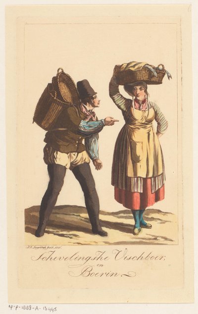 Scheveningen tipos de pescadores Schevelingsche Visch Boer y Boerin (título sobre el objeto) de Jan Anthonie Langendijk Dzn