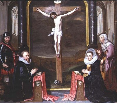 Una crucifixión con retratos de los donantes Adriaen Meusyenbroeck y su esposa, Anna Elant, acompañados por San Adrián y Santa Isabel de Jan Anthonisz. van Ravesteyn