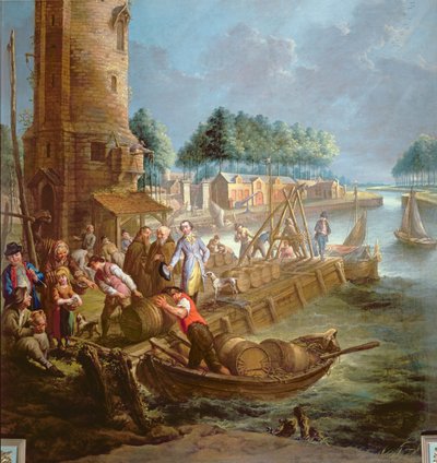 Escena de canal con comerciante de vino descargando barriles de Jan Anton Garemyn