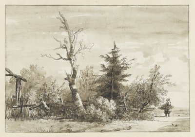 Paisaje con grupo de árboles y una espigadora a la derecha de Jan Apeldoorn