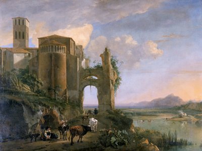 Paisaje fluvial con la iglesia de SS Giovanni e Paolo, Roma de Jan Asselijin