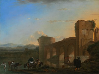 El río Tíber con el Ponte Molle al atardecer, c. 1650 de Jan Asselijin