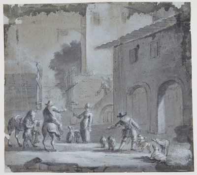 Escena urbana con una puerta abierta, figuras y animales de Jan Asselijn