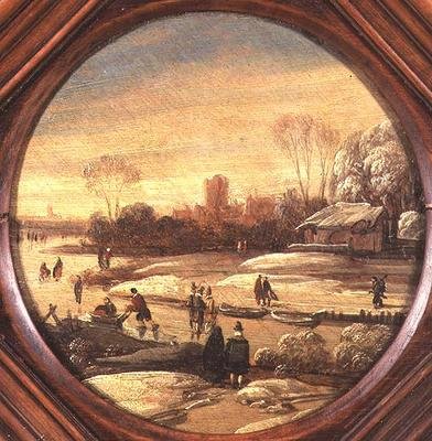 Un paisaje invernal con patinadores en un canal congelado de Jan Asselyn