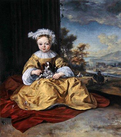 Un niño en un vestido amarillo sosteniendo un perro de Jan Baptist Weenix