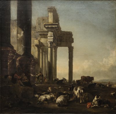 Paisaje italianizante con campesinos, ganado y ovejas junto a ruinas clásicas, c.1650 de Jan Baptist Weenix