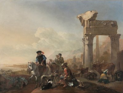 Cazadores cerca de las ruinas de Jan Baptist Weenix