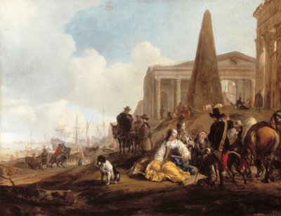 Escena portuaria mediterránea con figuras descansando frente a ruinas antiguas de Jan Baptist Weenix