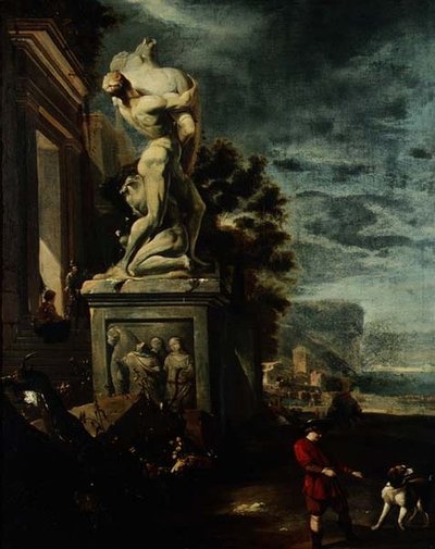 Puerto marítimo con figuras junto a una estatua clásica de Jan Baptist Weenix