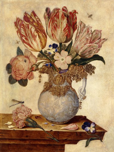 Tulipanes, nomeolvides, peonías y otras flores en un jarrón sobre una repisa de Jan Baptist van Fornenburgh