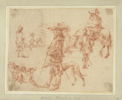 Ficha de estudios con cazadores, caballos y perros de Jan Blom