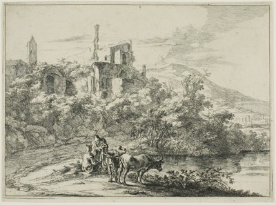 Paisaje con ruinas y dos vacas junto al agua, de una serie de cuatro paisajes romanos horizontales de Jan Both