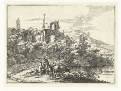 Dos vacas junto al agua en Tivoli Paisajes alrededor de Roma (título de la serie) de Jan Both