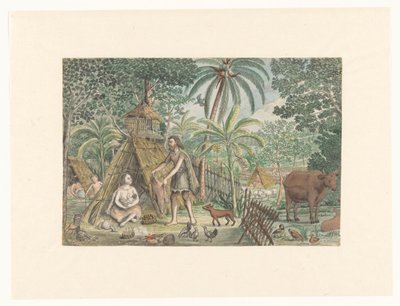 Adán y Eva en una escena de pueblo utópico de Jan Brandes