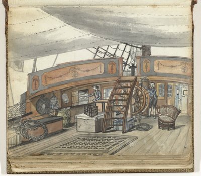 Vista de la cubierta de un East Indiaman con timonel al timón de Jan Brandes
