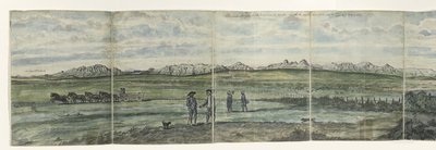 Panorama de la Holanda hotentote Kaapsche Bergen desde el Cabo hacia el norte que se extiende desde Baay fals hasta Tygerberg. 1787 (título sobre el objeto) de Jan Brandes