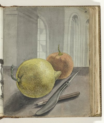Bodegón con frutas, cuchillo y lápiz. de Jan Brandes