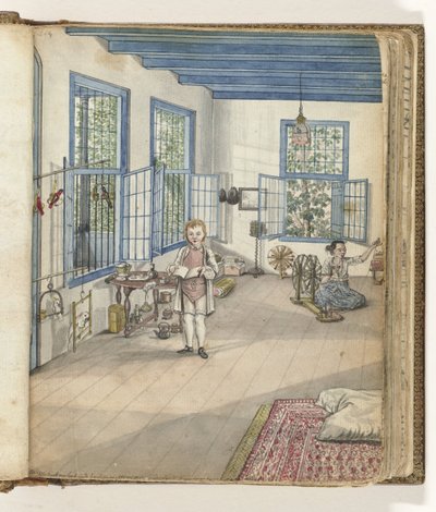 Sala de estar con su hijo Jantje y Flora, una mujer esclavizada, en una rueca de Jan Brandes