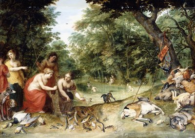 Una alegoría de los elementos, Tierra, Aire y Agua: Ninfas bañándose en un claro boscoso con trofeos de la caza cerca, c.1621 de Jan Brueghel the Elder