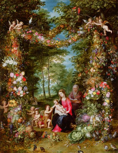La Virgen y el Niño con el infante San Juan Bautista, Santa Ana y ángeles, rodeados por una guirnalda de flores y frutas de Jan Brueghel the Elder
