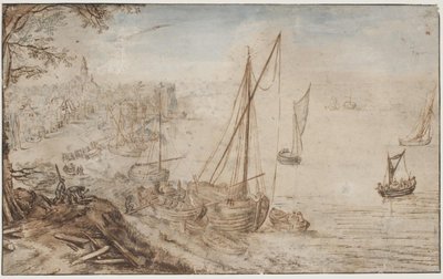 Paisaje fluvial. En primer plano un bote que se carga y hombres cortando tablones de Jan Brueghel d.Æ.