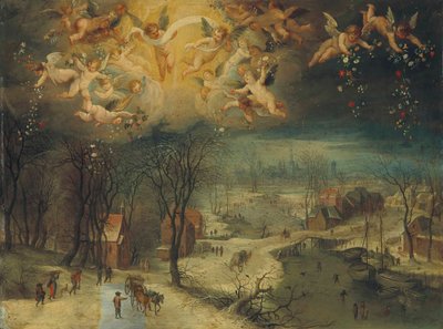 Un paisaje invernal con aldeanos recogiendo leña y patinadores en un río congelado, primer tercio del siglo XVII de Jan Brueghel the Elder