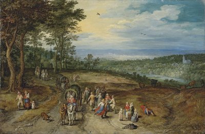 Un extenso paisaje boscoso con viajeros en una pista y campesinos bailando en primer plano / Landscape with Travellers and Peasants on a Track de Jan Brueghel the Elder