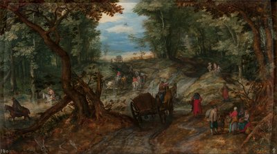 Bosque con carros cruzando un arroyo y jinetes de Jan Brueghel the Elder